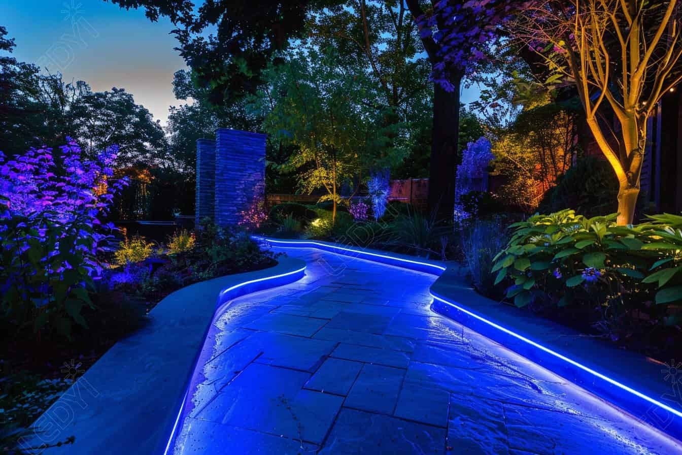 Stunning blue LED lit garden pathway at night with colourful uplighting