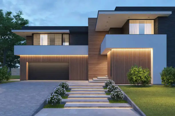 Modern luxury home with LED strip lighting on entrance steps at night
