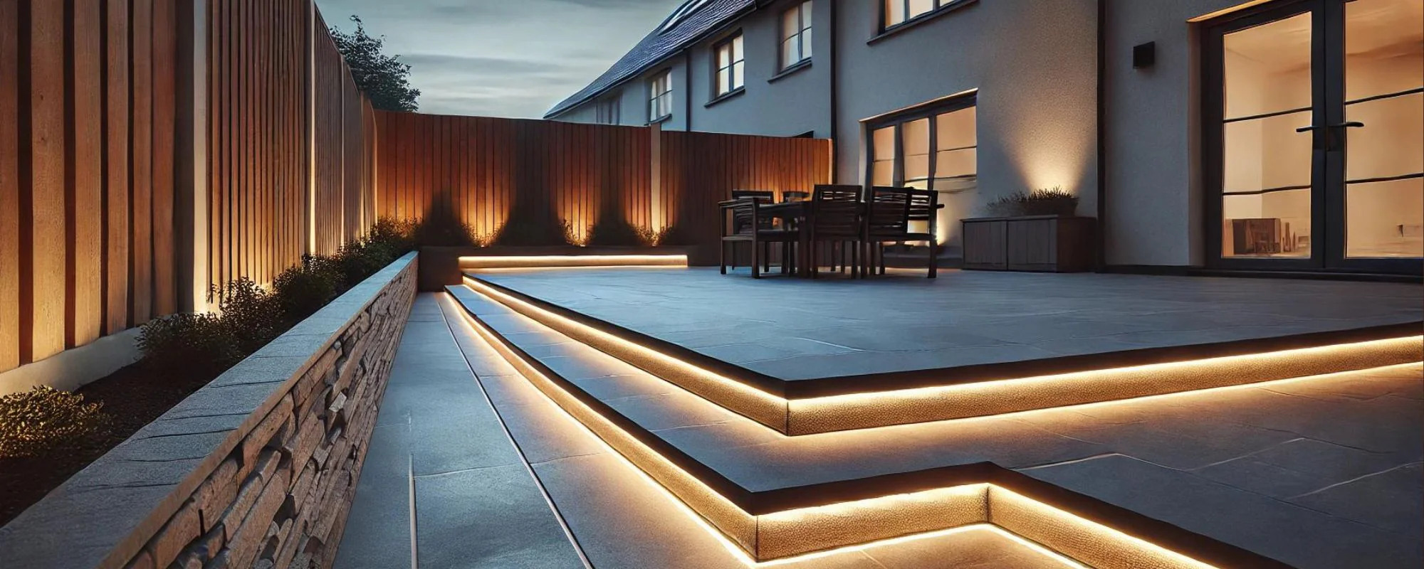 Outdoor patio with LED step lighting stone wall and timber fence at dusk