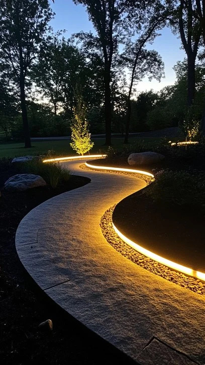 Warm golden LED pathway winding through garden at dusk